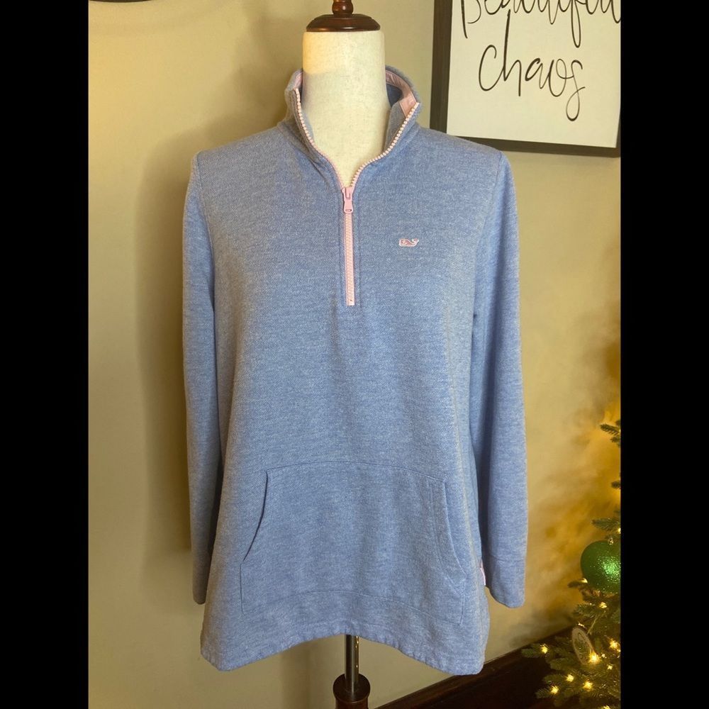Vineyard Vines Pouch Pocket 1/4 Zip Pullover Light Blue & Pink Size Medium